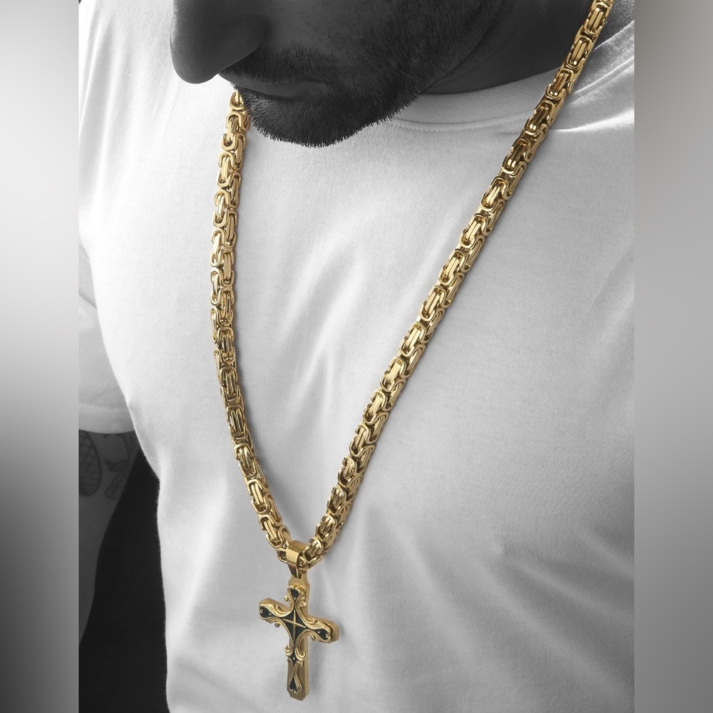 LIKE NEW SPCY ice Gold Tribal Cross Necklace, with 30”  8mm Gold Byzantine Chain